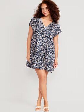 Old Navy Blue Floral Print V-Neck Tiered Mini Swing Dress  Large L